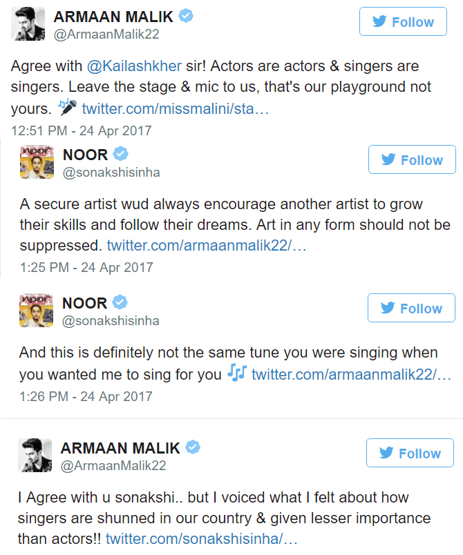 Sonakshi Sinha-Armaan Malik's war of words on Twitter