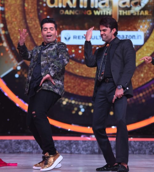 Karan Johar and Manish Paul enjoy a moment on Jhalak Dikhhla Jaa 2016 Season Premiere Episode