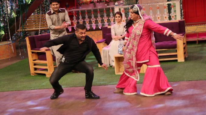 Salman Khan performs a dance step from 'Sultan' with Begum on The Kapil Sharma Show