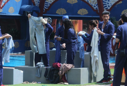 Celebrity contestants are busy washing clothes during the luxury budget task