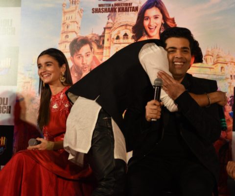 Varun Dhawan hugs Karan Johar at the trailer launch of Badrinath Ki Dulhania