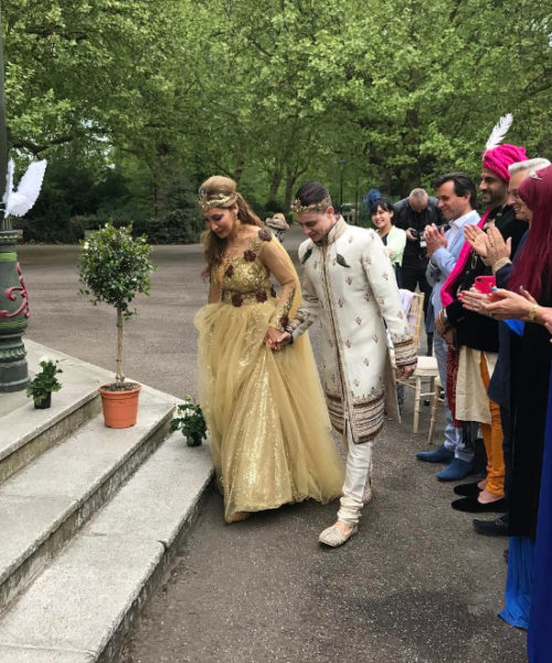 Bride Sofia Hayat, groom Vlad Stanescu arrive for their Egyptian-themed wedding