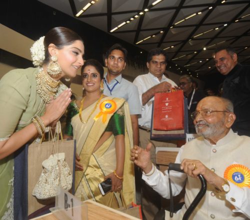 Sonam Kapoor greets veteran filmmaker K Viswanath at the 64th National Film Awards ceremony