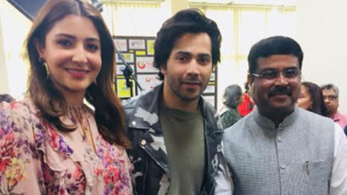 Anushka Sharma, Varun Dhawan and Dharmendra Pradhan